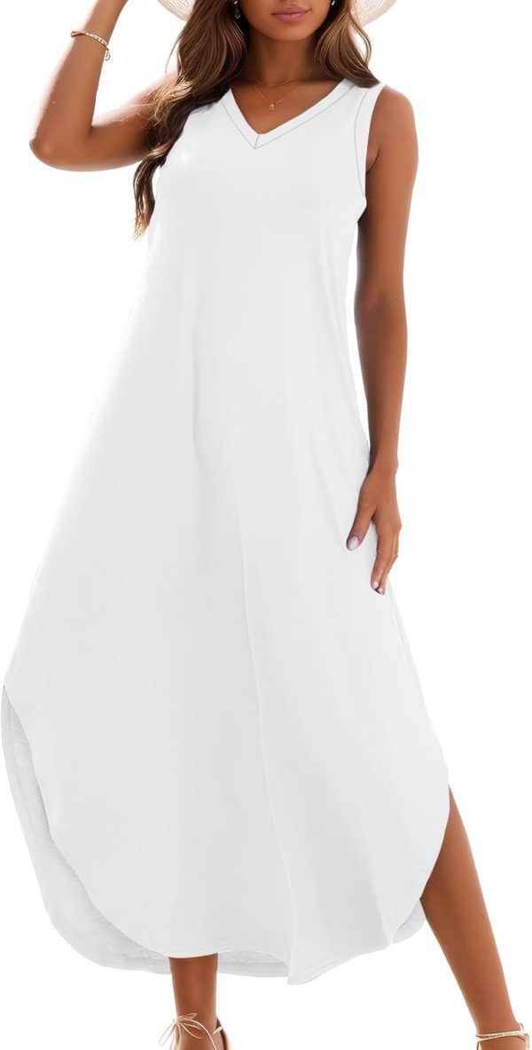 Women's Summer Casual Loose Sundress Long Dress Sleeveless V Neck Split Tshirt Maxi Dresses