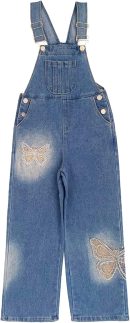 5-14years Little Big Girls Butterfly Embroidery Blue Denim Overalls