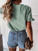 Women's Short Sleeve Casual T Shirts Summer Ruffle Plain Round Neck Loose Fit Tee Blouse Tops