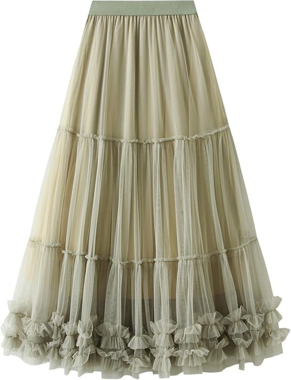 Tulle Skirts for Women Long Length Tutu Fairy Tiered Skirt A Line Mesh Elastic Waist Skirts