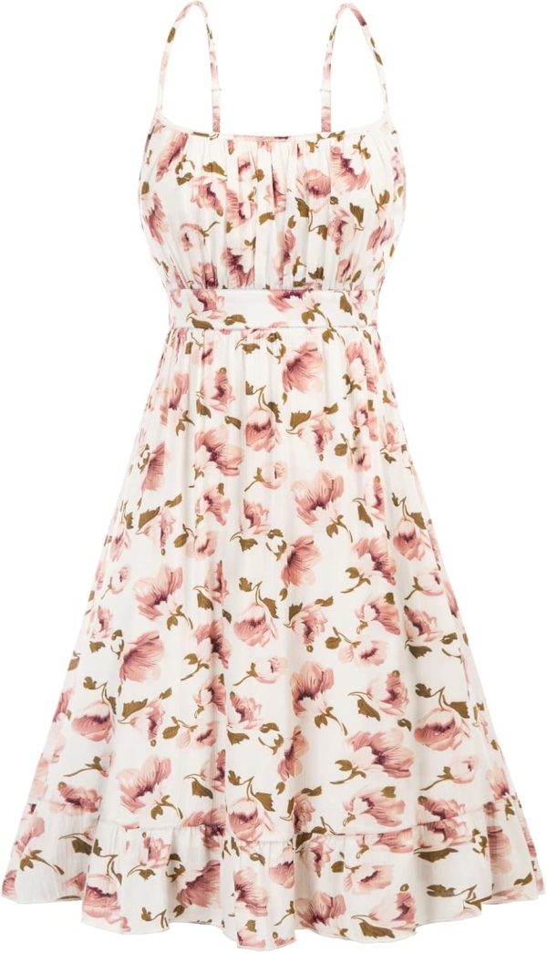 Women's Spaghetti Strap Floral Dress Ruffle Hem Pleated Casual Summer Dress Boho Flowy Midi Beach Dress