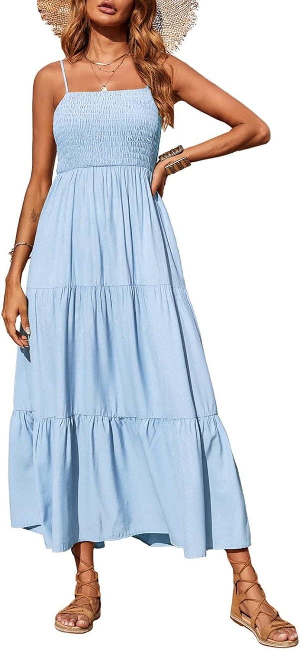 Women's Summer Maxi Dress Casual Boho Sleeveless Spaghetti Strap Smocked Tiered Long Beach Sun Dresses