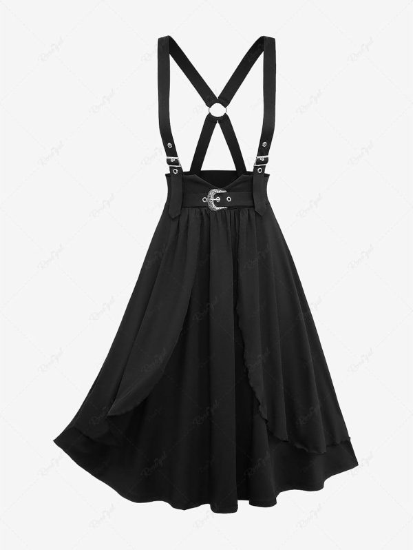 Plus Size Buckle Grommets Crisscross Back Ruffles Layered Midi Suspender Skirt - Image 2