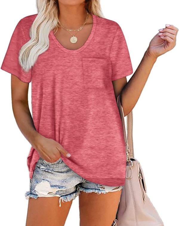 Women Summer T Shirts Short Sleeve Rounded V Neck Pocket Tee Tops