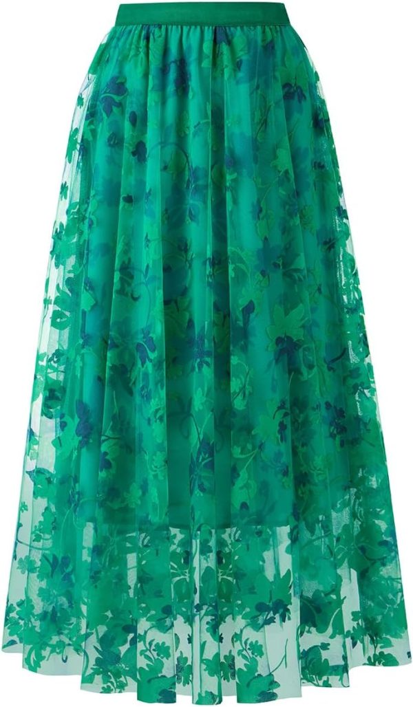 Skirts for Women Midi Long Length Dressy Casual Trendy Summer Tulle A-Line Floral High Waist Skirt