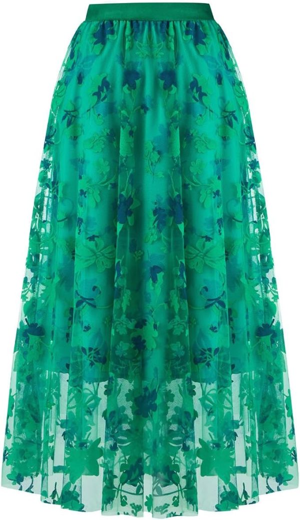 Skirts for Women Midi Long Length Dressy Casual Trendy Summer Tulle A-Line Floral High Waist Skirt - Image 2