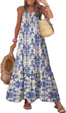 Women Summer Dresses 2025 Spaghetti Strap Scoop Neck Smocked Ruffle Flowy Boho Maxi Dress