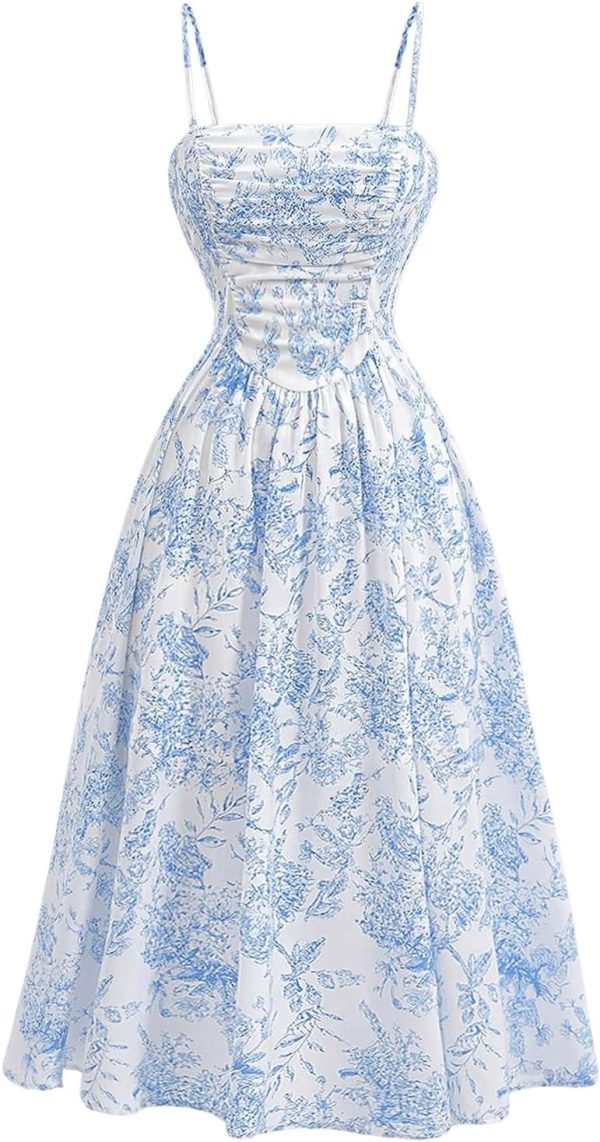 Women's Floral Print High Waist A Line Cami Dress Shirred Spaghetti Strap Summer Midi Dress