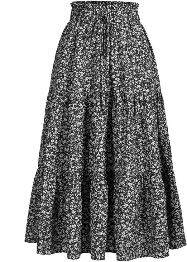 Women's High Elastic Waist Midi Skirt Casual Summer Trendy Tie Front Flowy Ruffle Floral Print A line Skirts 626