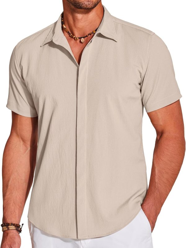 Men's Casual Short Sleeve Button Down Summer Beach Shirt Lightweight Textured Wrinkle Free Stretch Shirts