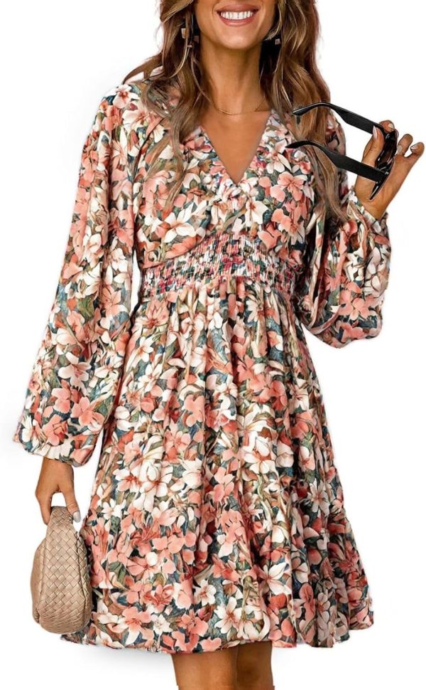 Women's  Dresses 2024 Boho Floral V Neck Long Sleeve Smocked Elastic Waist Casual A-Line Swing Mini Dress Sundress