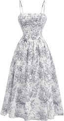 Women's Floral Print High Waist A Line Cami Dress Shirred Spaghetti Strap Summer Midi Dress