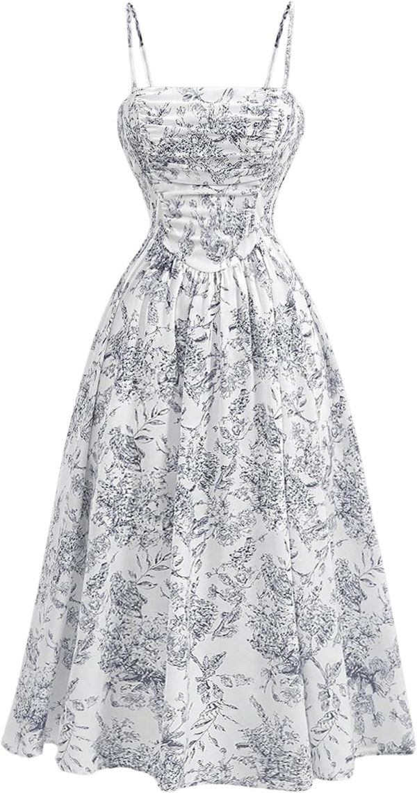 Women's Floral Print High Waist A Line Cami Dress Shirred Spaghetti Strap Summer Midi Dress