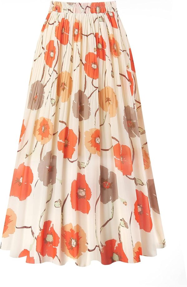 Women's Pleated Skirt Chiffon Elastic Waist A-Line Midi Length Skirt