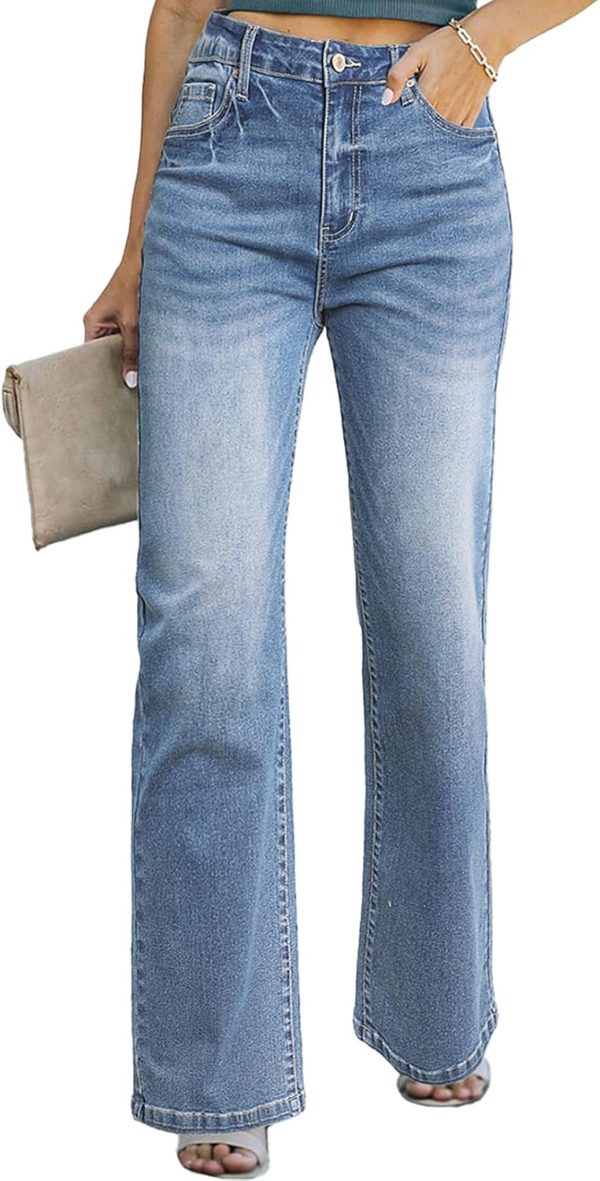 Women's Wide Leg Jeans Casual High Waisted Straight Stretch Denim Pants with Pockets