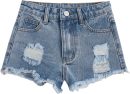 Girls Ripped Raw Trim Shorts High Waist Straight Leg Denim Shorts