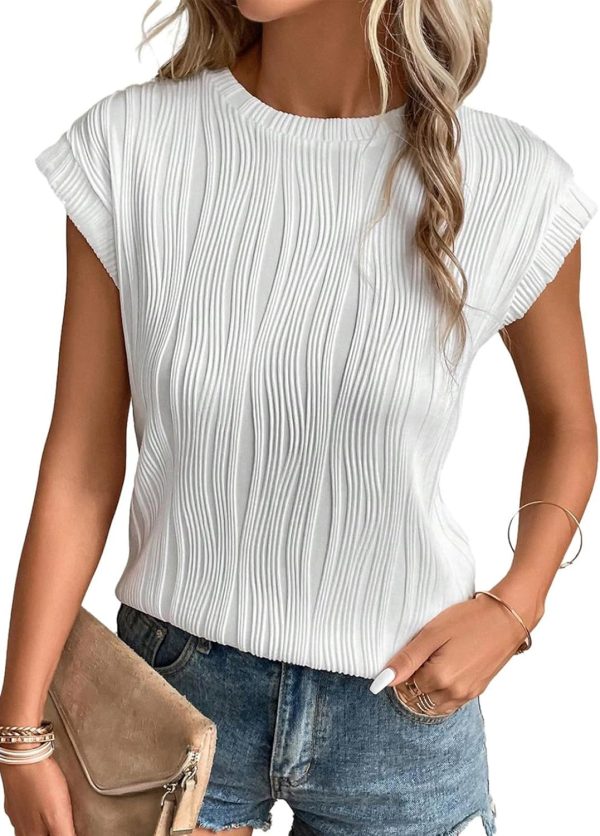 Women's Short Sleeve Textured Tops Crewneck Knit Solid Loose Casual Basic T Shirts Tee Blouses