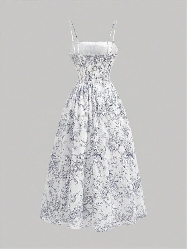Women's Floral Print High Waist A Line Cami Dress Shirred Spaghetti Strap Summer Midi Dress - Image 2