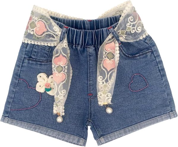 4-10Y Little&Big Girls Denim Summer Shorts Teens Elastic Waistband Heart Jeans