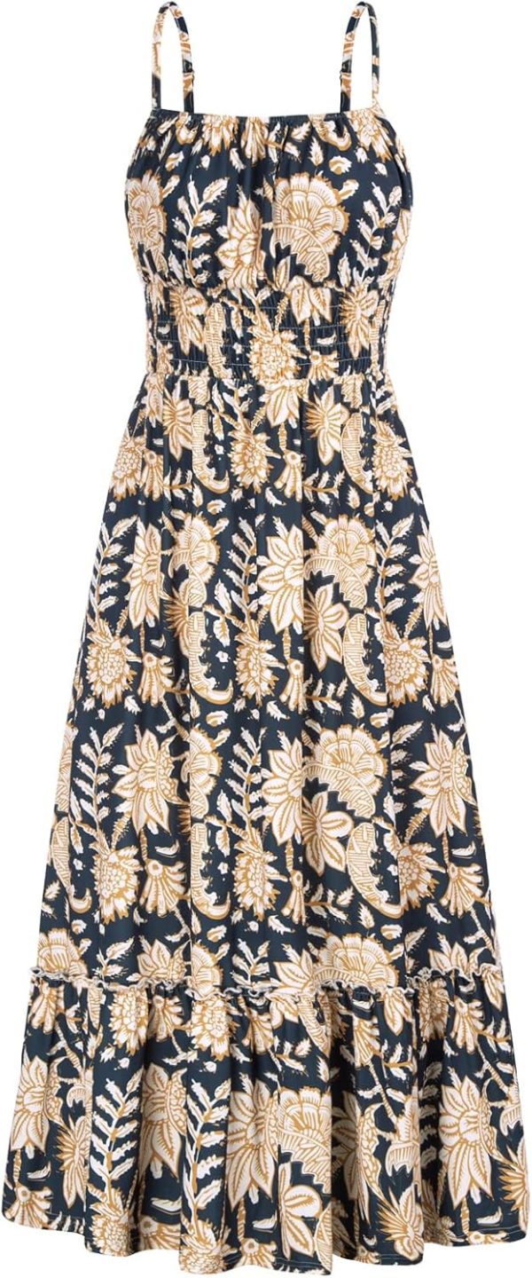 Womens 2024 Summer Maxi Dress Sleeveless Floral Spaghetti Strap Smocked Boho Beach Long Dress with Pockets