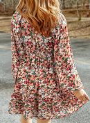 Women's  Dresses 2024 Boho Floral V Neck Long Sleeve Smocked Elastic Waist Casual A-Line Swing Mini Dress Sundress