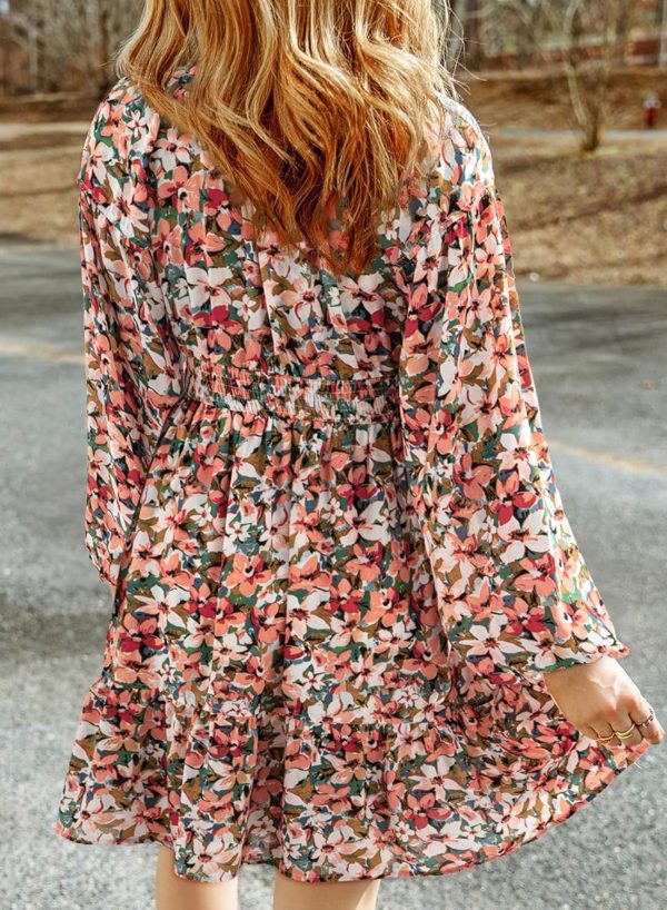 Women's  Dresses 2024 Boho Floral V Neck Long Sleeve Smocked Elastic Waist Casual A-Line Swing Mini Dress Sundress - Image 2