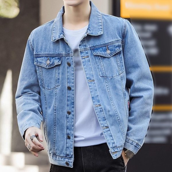 Mens Classic Lapel Jean Jacket Casual Slim Fit Trucker Cowboy Coat Pocket Front Casual Men Denim Jackets - Image 2
