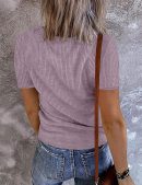 Women's Short Sleeve V Neck Ribbed Knit Button T Shirts Henley Solid Color Summer Tops