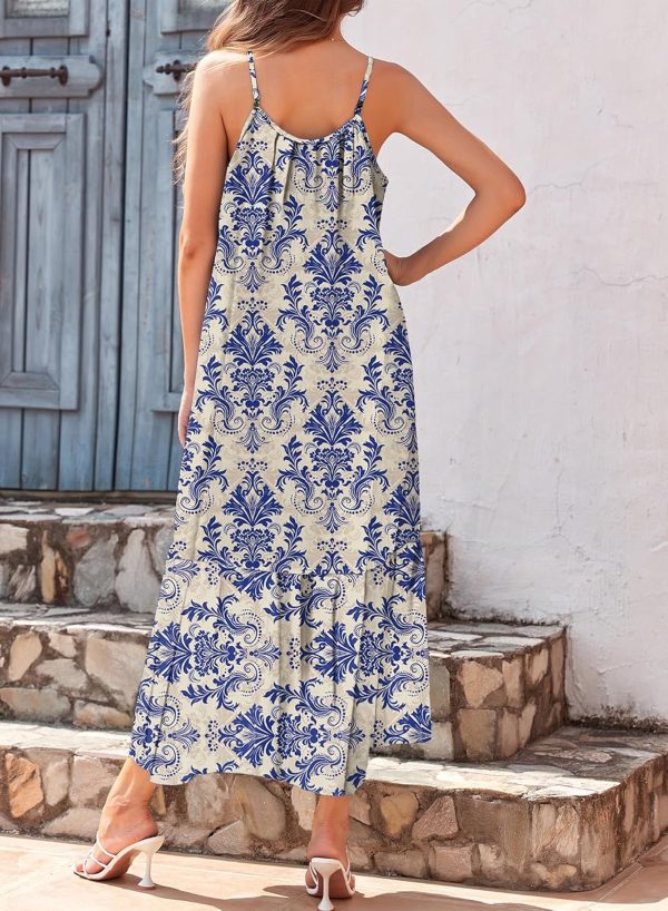 Women Summer Dresses 2025 Spaghetti Strap Scoop Neck Smocked Ruffle Flowy Boho Maxi Dress - Image 2