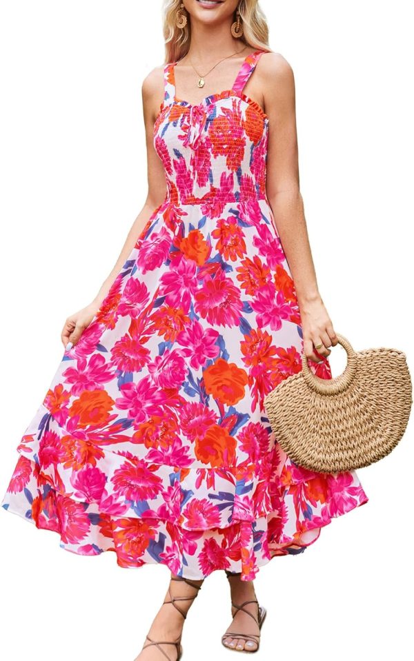Women's 2024 Summer Floral Boho Dress Square Neck Strapped Swing A Line Beach Long Maxi Dress - Image 2