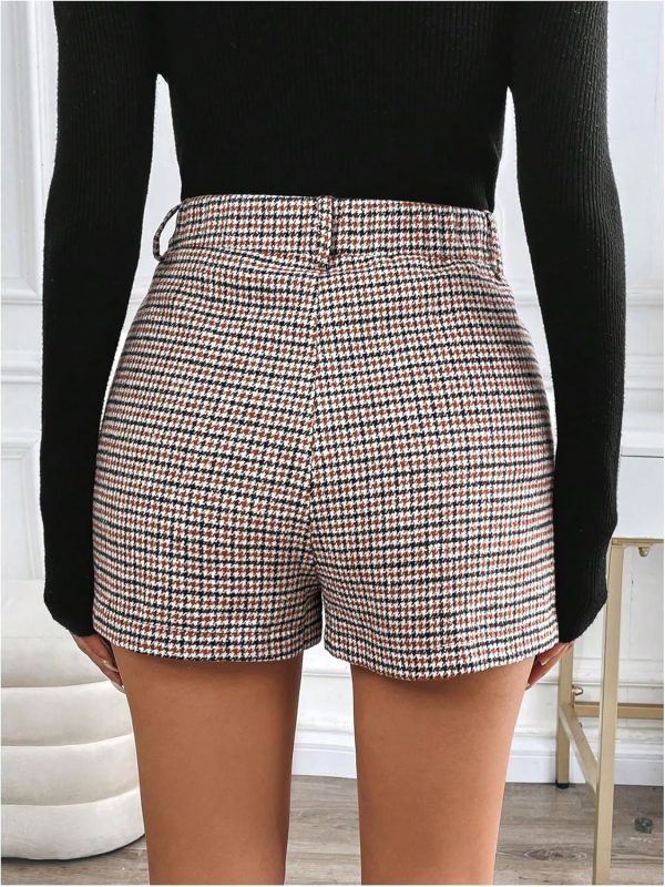 Women's Elegant Plaid Shorts High Waisted Zipper Wide Leg Mini Dressy Work Office Casual Shorts - Image 2