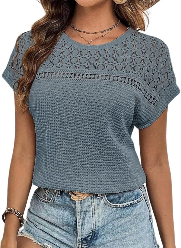Women's Tops Casual Scoop Neck Short Sleeve Waffle Knit Hollow Out Shirts Loose Tunic Tops Blouses