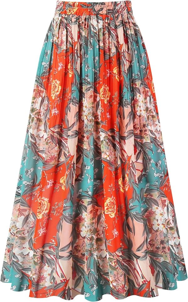 Women's Pleated Skirt Chiffon Elastic Waist A-Line Midi Length Skirt