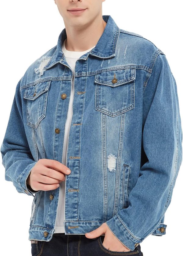 Men's Denim Trucker Jacket Distressed Ripped Motorcycle Slim Fit Blue Jean Jackets Coat - Image 2