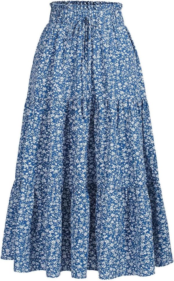 Women's High Elastic Waist Midi Skirt Casual Summer Trendy Tie Front Flowy Ruffle Floral Print A line Skirts 626