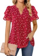 Womens Dressy Chiffon Blouses Summer Puff Petal Short Sleeve Shirts V Neck Casual Work Tops
