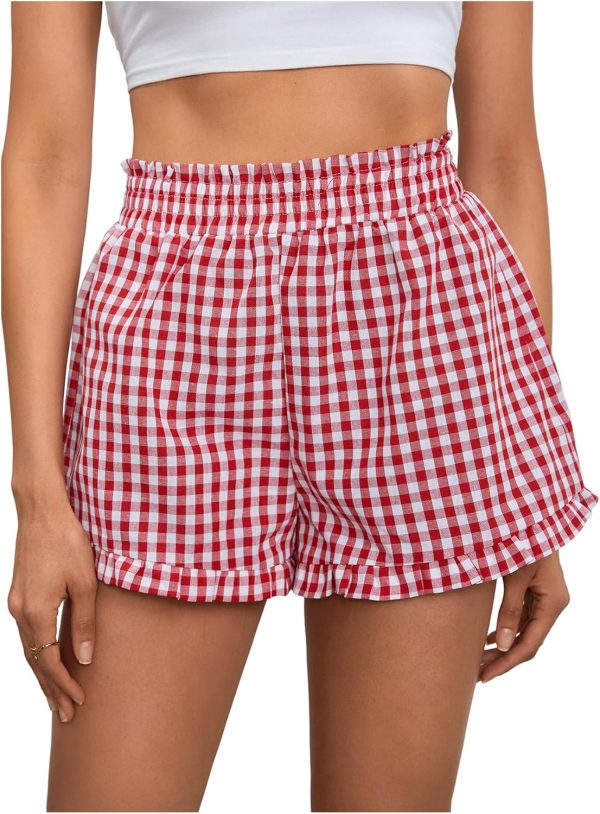 Women's Casual Plaid Shorts Elastic High Waist Gingham Shorts Ruffle Pajamas Shorts Lounge Shorts