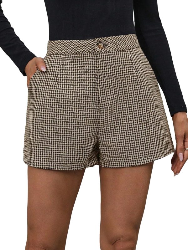 Women's Elegant Plaid Shorts High Waisted Zipper Wide Leg Mini Dressy Work Office Casual Shorts