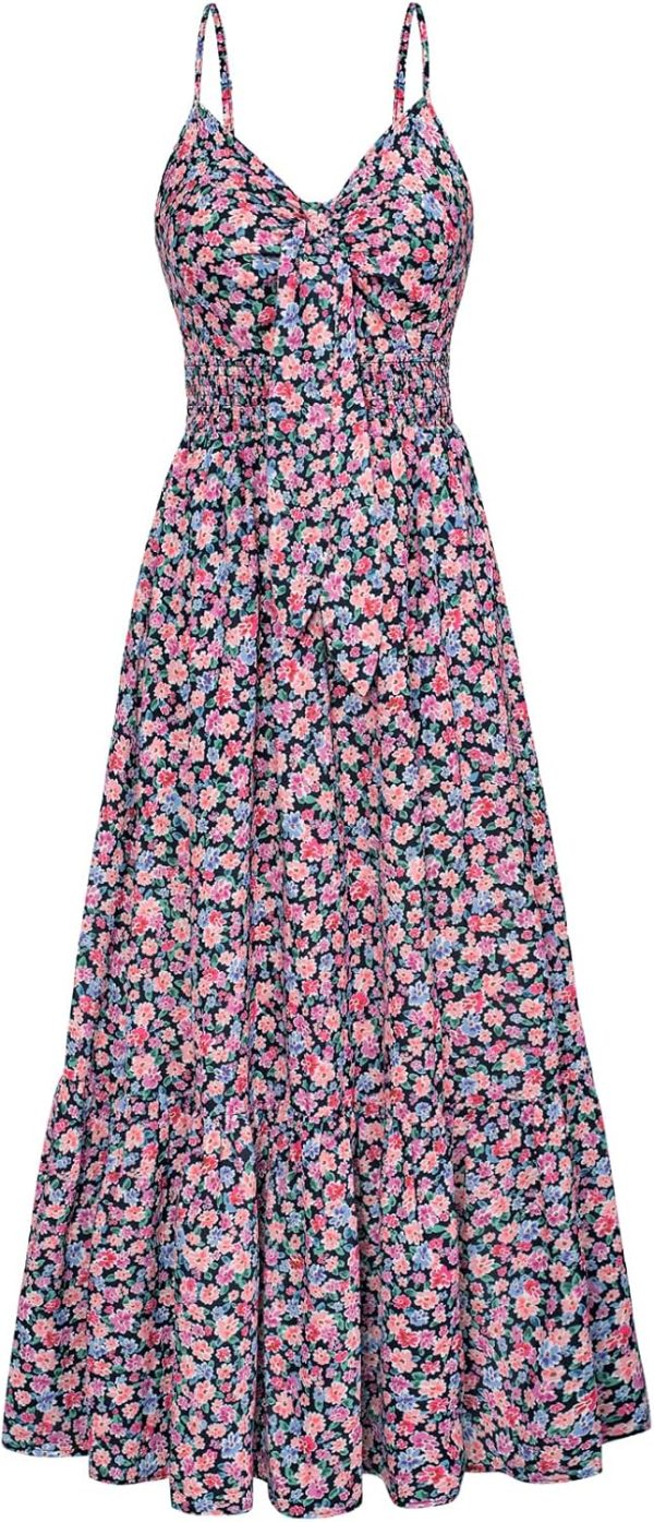 Women's 2025 Summer Beach Dress Floral V Neck Tie Front Spaghetti Strap Flowy Long Dress Boho Maxi Dress