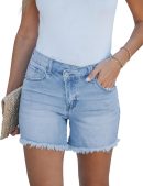 Jean Shorts for Women Low Waisted Trendy Stretchy Crossover Waist Denim Shorts Raw Hem Casual Summer Pockets
