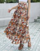 Women's Chiffon Elastic High Waist Tiered Pleated Floral Printed A-Line Boho Long Maxi Skirts