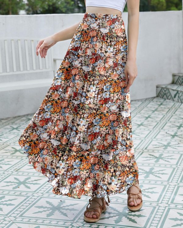 Women's Chiffon Elastic High Waist Tiered Pleated Floral Printed A-Line Boho Long Maxi Skirts - Image 2