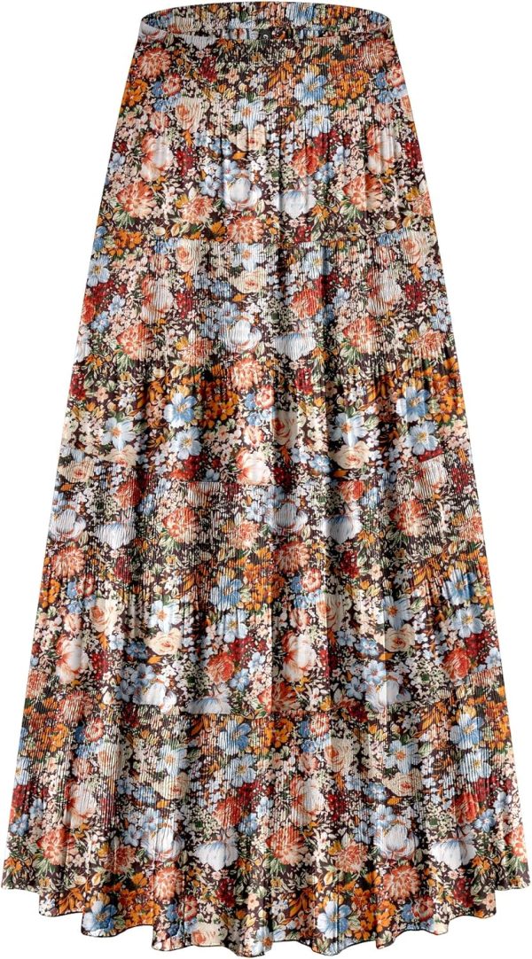 Women's Chiffon Elastic High Waist Tiered Pleated Floral Printed A-Line Boho Long Maxi Skirts